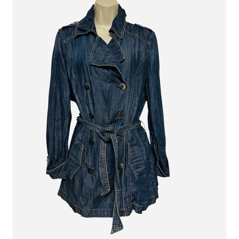 Chicos Denim Trench Dora Belted Jacket Womens Size 1 US size M/8 Double Breasted